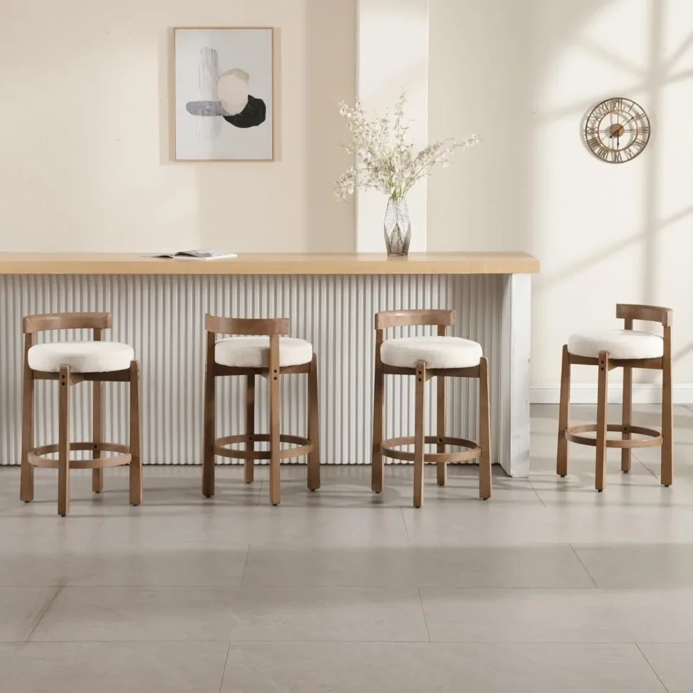 Mid-Century Bar Stools Set of 4, 26.5 Inch Linen Counter Height Upholstered Barstools Bar Chairs with Solid Wooden Legs, Beige