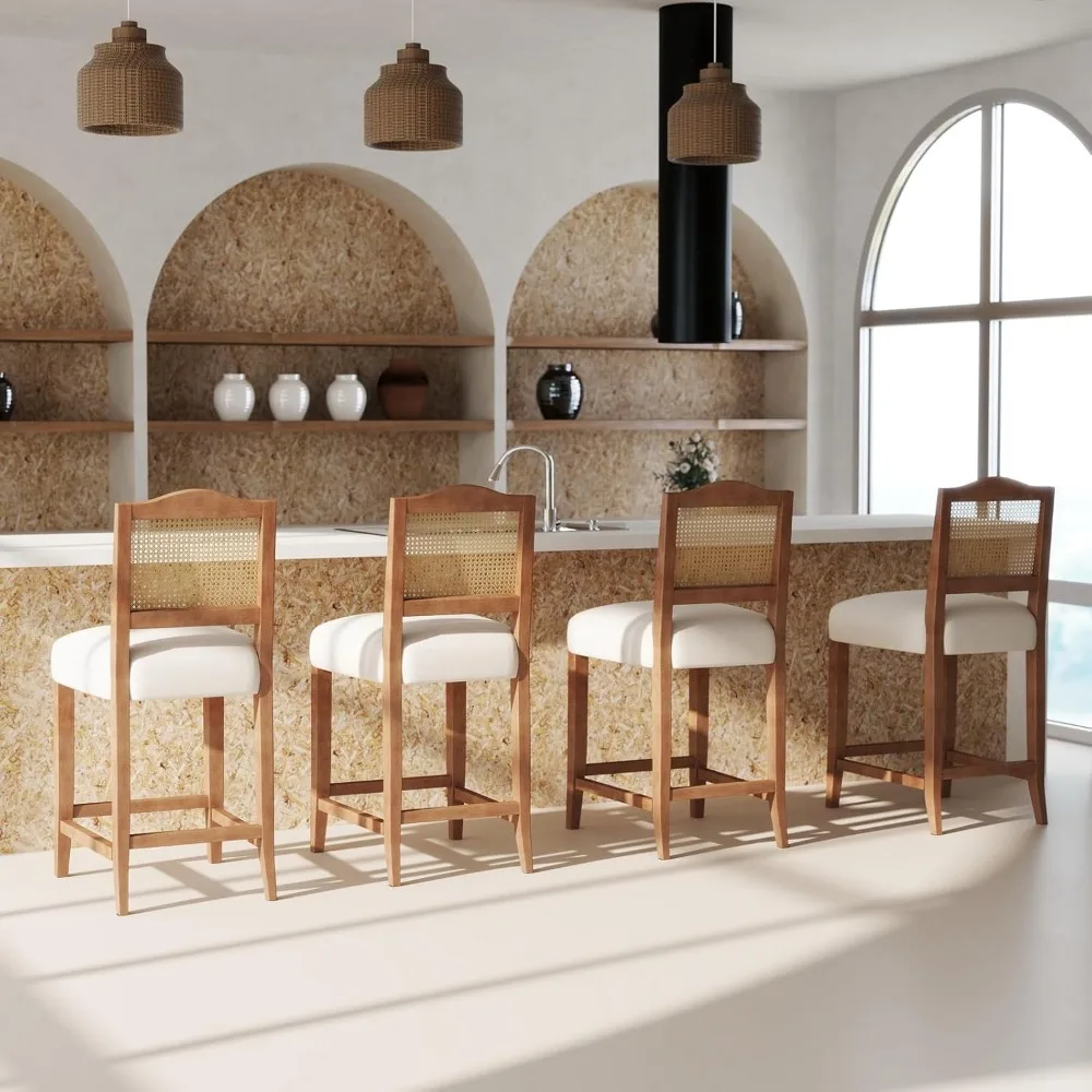 Rattan Farmhouse Barstools Mid Century Modern Bar Chairs Upholstered Kitchen Stools with Wood Legs for Island/Dining Room