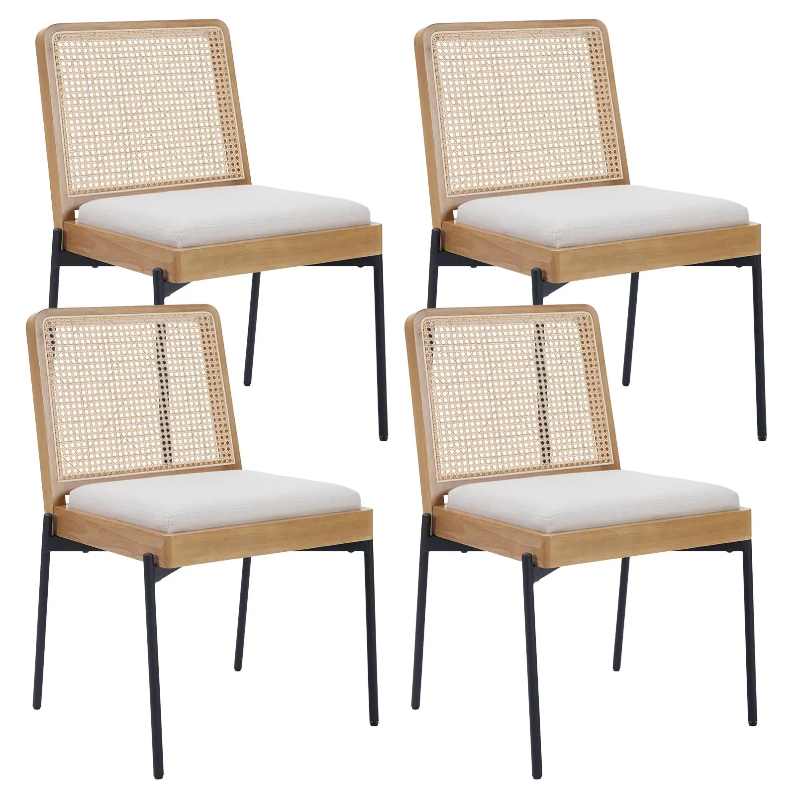 Modern Rattan Dining Chairs Set of 4 Linen Upholstered Kitchen Dining Room Chairs with Rattan Back Accent Side Chairs