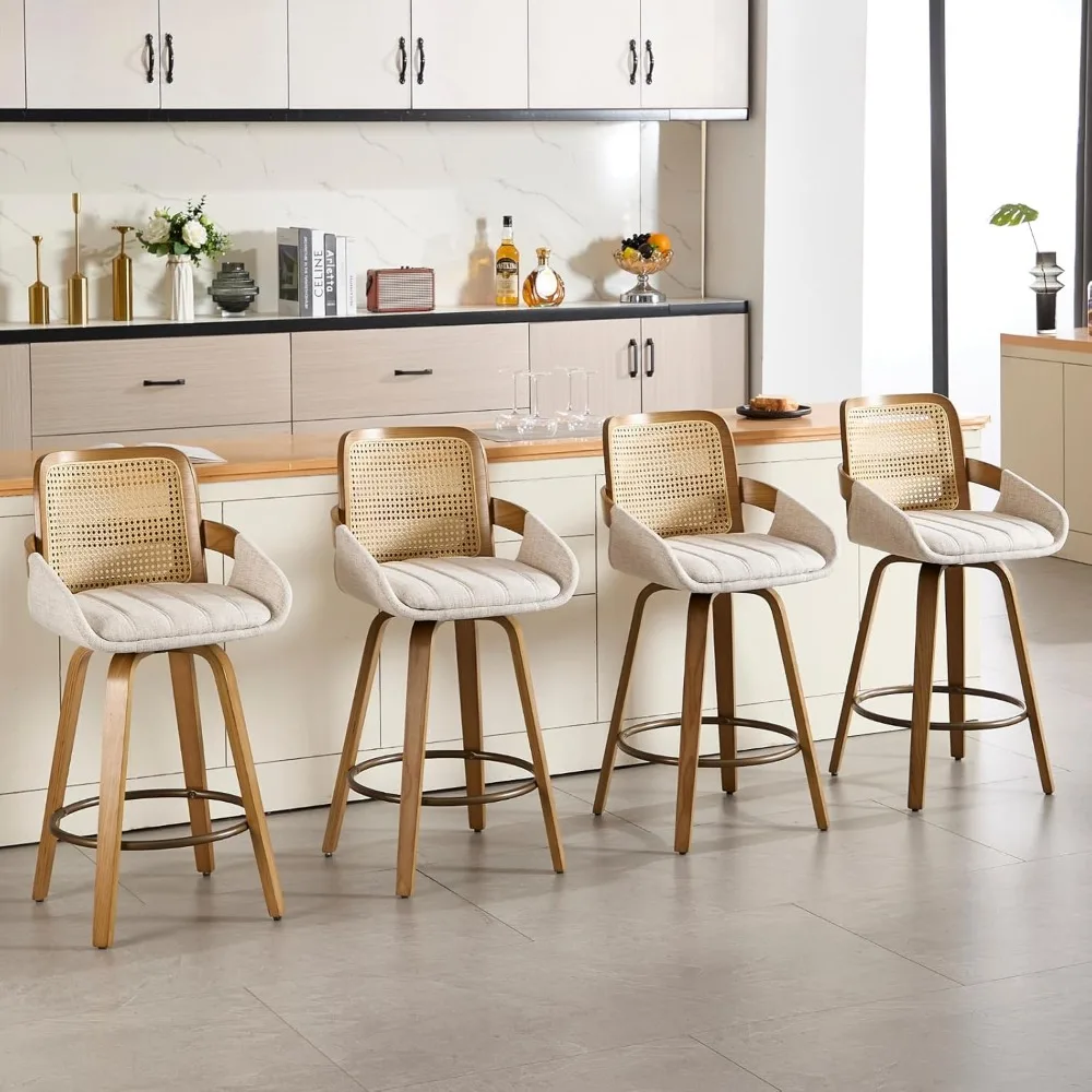 A set of 4 360 ° rotating tabletop height stools, with a 26 inch rattan back and solid wood legs, in beige color