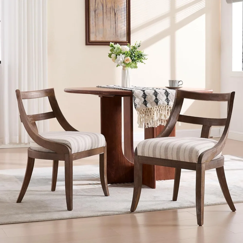 Dining Chairs Set of 2, Upholstered Dining Chair with Wooden Curved Back Kitchen Chairs, Brown Walnut Colored-Linen Khaki Stripe